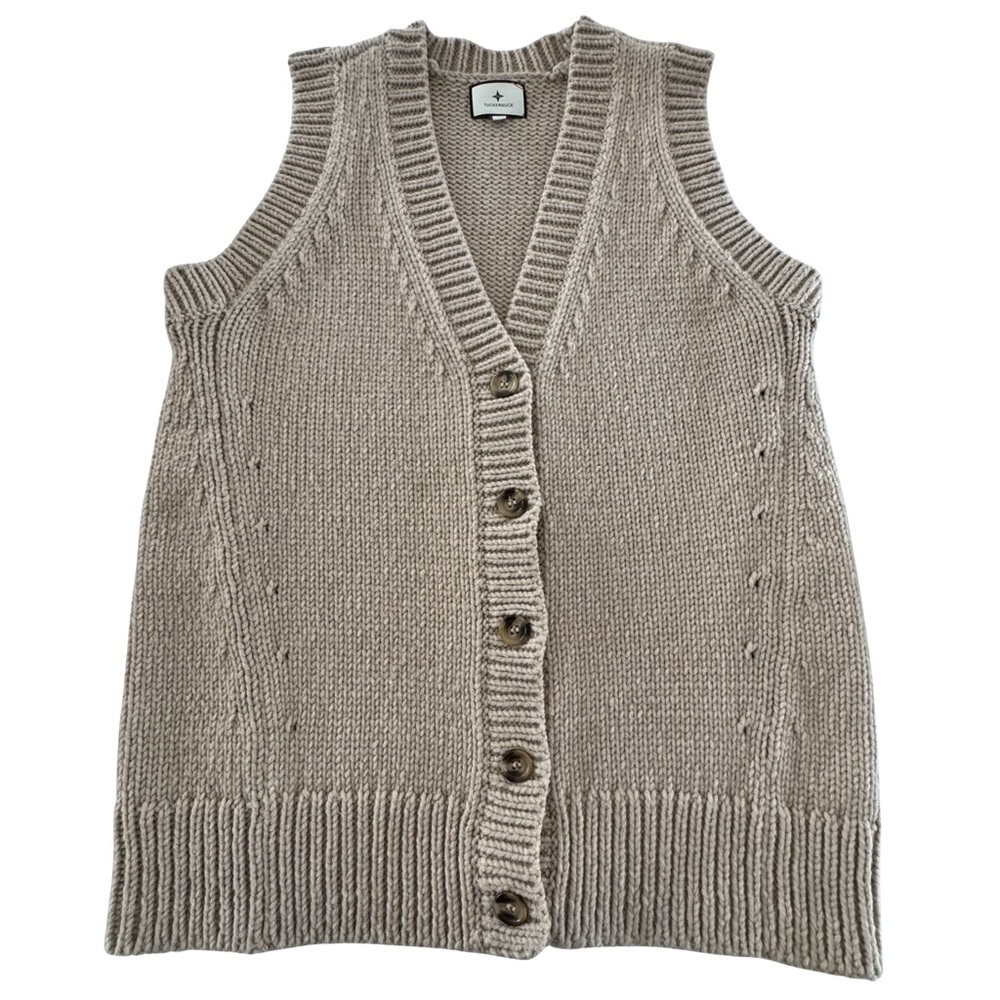 Tuckernuck Wool Blend Sweater Vest Chunky Knit Button Front Oversized Large Tan